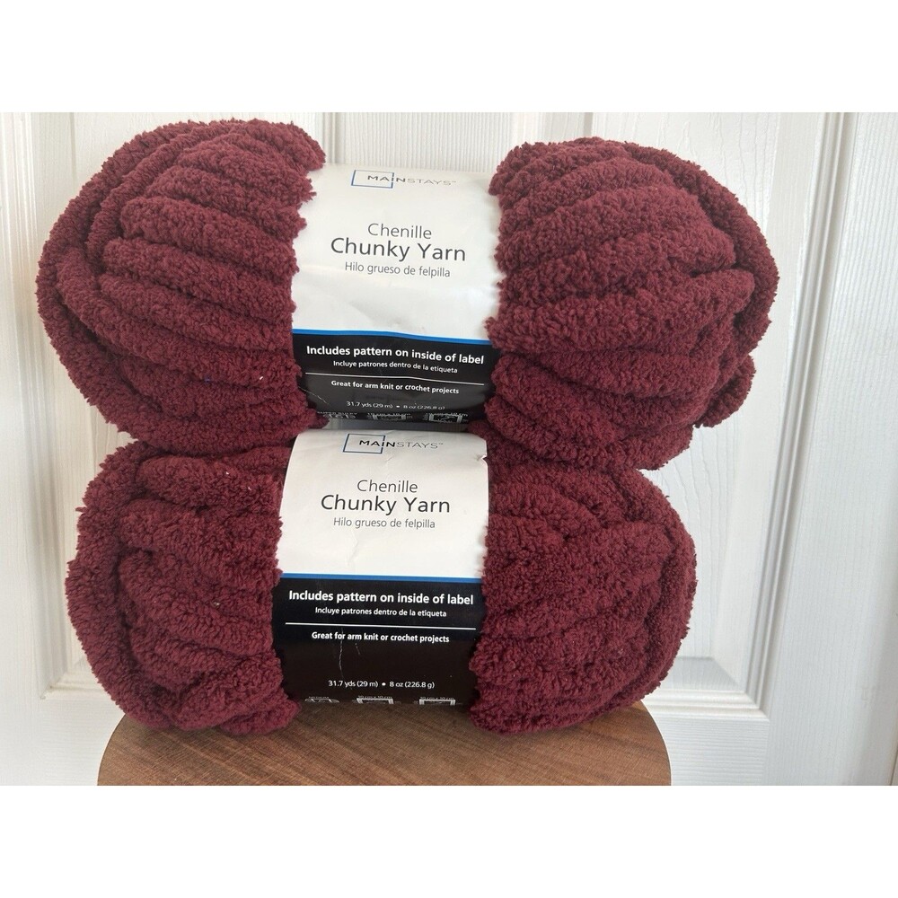 Mainstays Chenille Chunky Yarn 100% Polyester Color: Burgundy 8oz, 2 Skeins